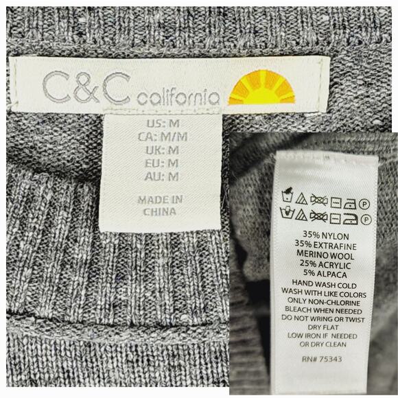 C&C California M Womens Sweater Gray Pullover‎ Merino Wool Alpaca Nylon - Picture 3 of 14